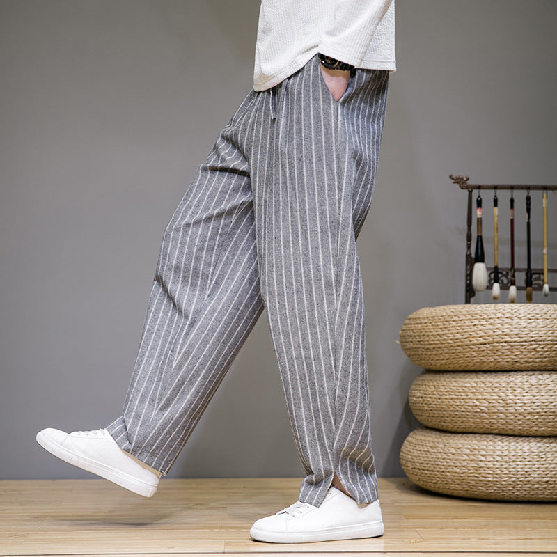 Chinese style cotton and linen trousers for men with trendy stripes and loose fit