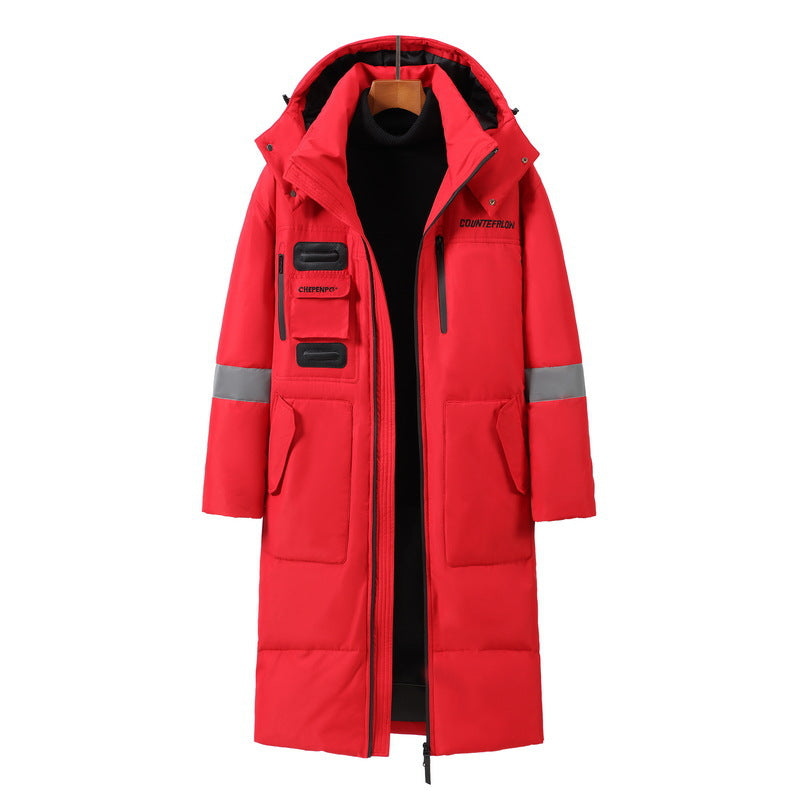 Lange, unterhalb des Knies reichende, kältebeständige, warme Winter-Daunenjacke für Herren