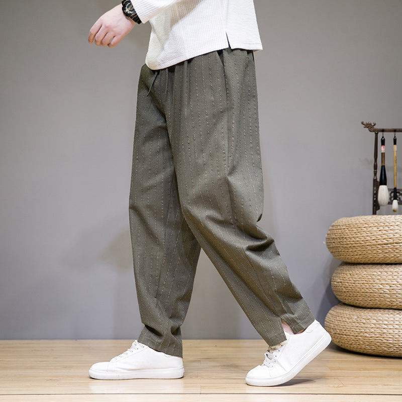 Chinese style cotton and linen trousers for men with trendy stripes and loose fit