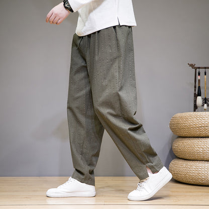 Chinese style cotton and linen trousers for men with trendy stripes and loose fit