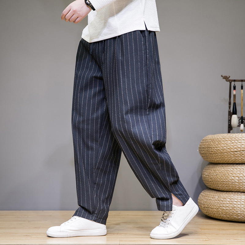 Chinese style cotton and linen trousers for men with trendy stripes and loose fit