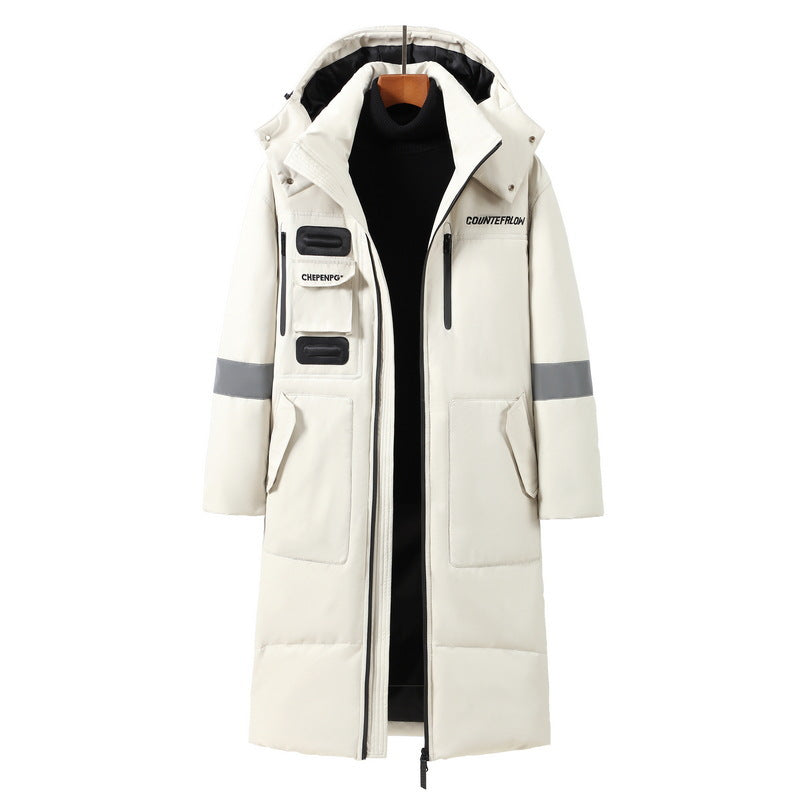 Lange, unterhalb des Knies reichende, kältebeständige, warme Winter-Daunenjacke für Herren