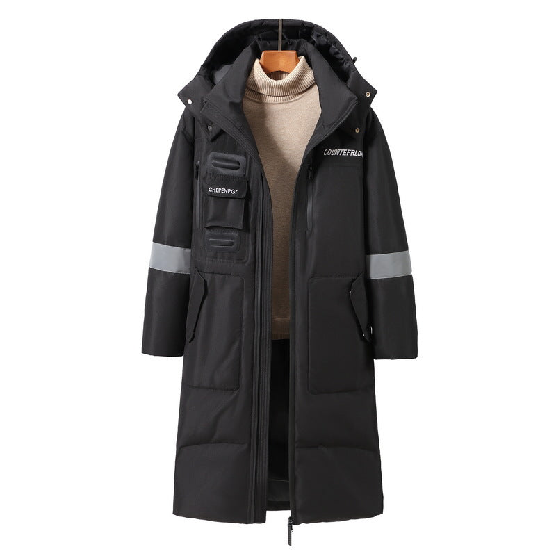 Lange, unterhalb des Knies reichende, kältebeständige, warme Winter-Daunenjacke für Herren