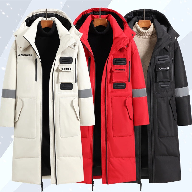 Lange, unterhalb des Knies reichende, kältebeständige, warme Winter-Daunenjacke für Herren