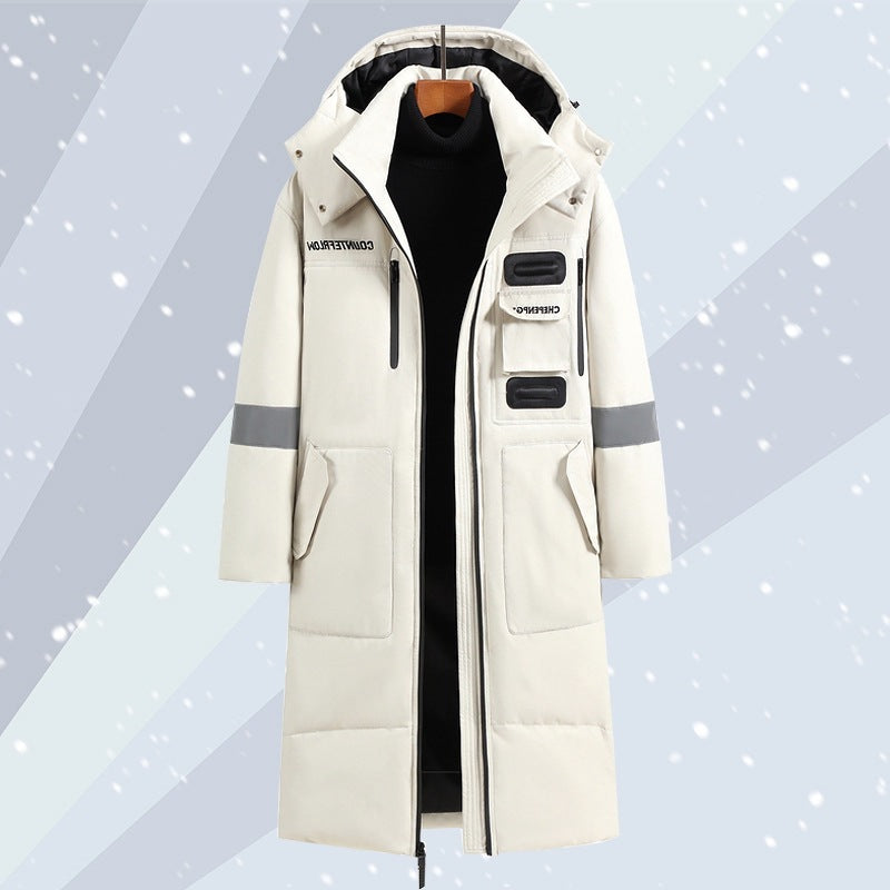Lange, unterhalb des Knies reichende, kältebeständige, warme Winter-Daunenjacke für Herren
