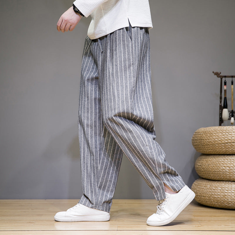 Chinese style cotton and linen trousers for men with trendy stripes and loose fit