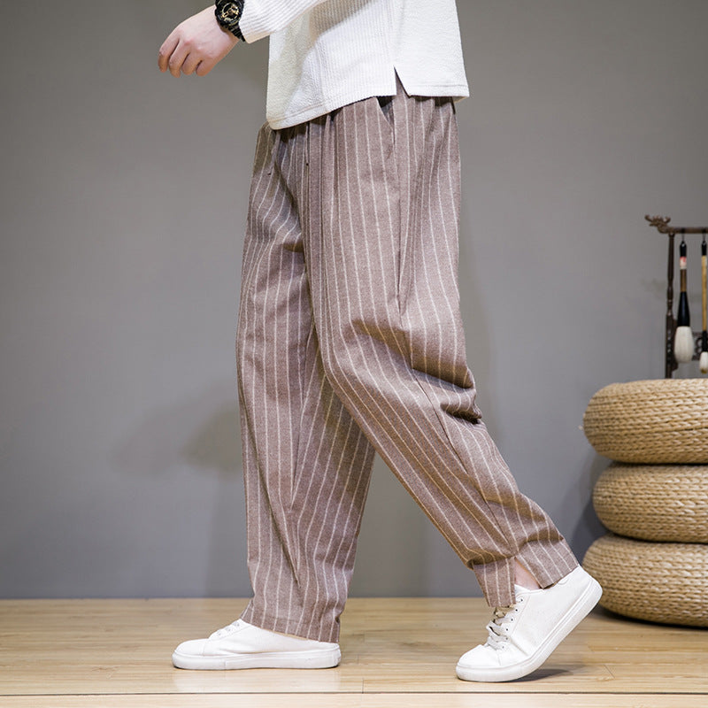 Chinese style cotton and linen trousers for men with trendy stripes and loose fit