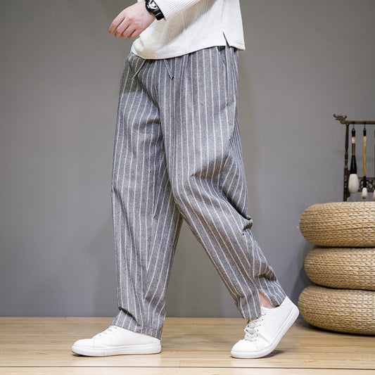 Chinese style cotton and linen trousers for men with trendy stripes and loose fit