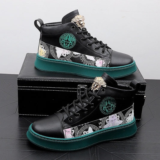 Zapatos de tablero con estampado versátil y personalidad de moda para hombre: zapatillas altas con estilo para el uso diario