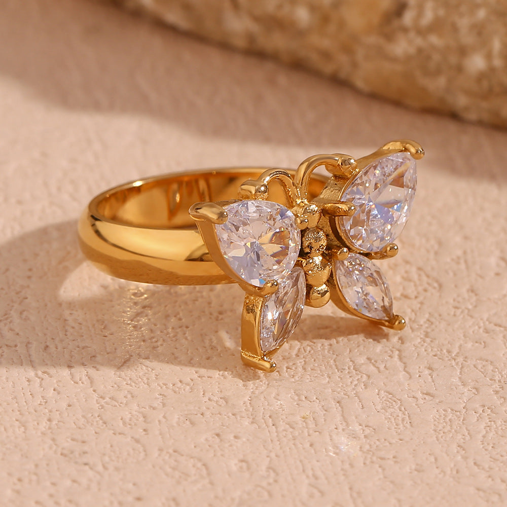 Modischer Zirkonia-Schmetterlingsring – 18K Vergoldeter Edelstahl
