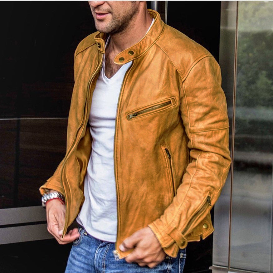 Punk-inspirierte Herren-Lederjacke mit Stehkragen – Perfekt für Herbst und Frühling