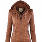 Damen-Lederjacke mit abnehmbarem Revers, langen Ärmeln und Reißverschluss