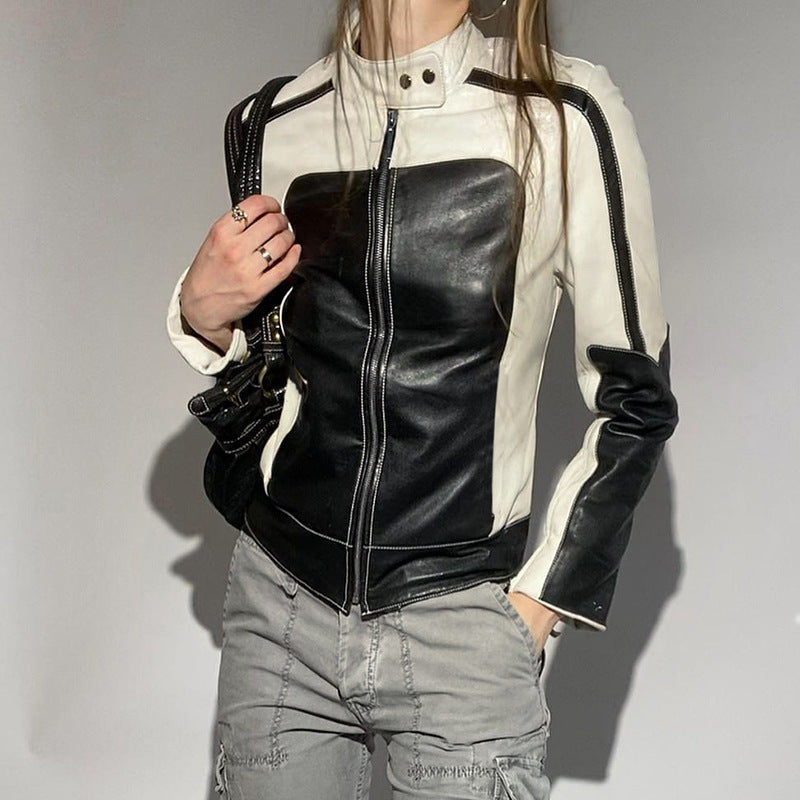 Patchwork-Lederjacke, schlank geschnitten, mit Kragen, lässig