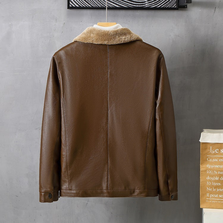 Men's leather jacket with lapels and fleece lining