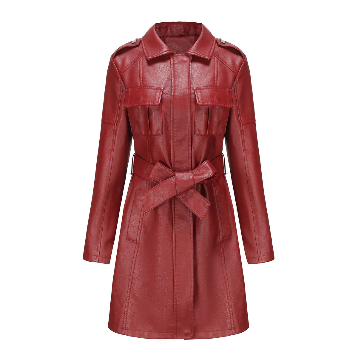 New European and American mid-length leather coat with belt in British style for women