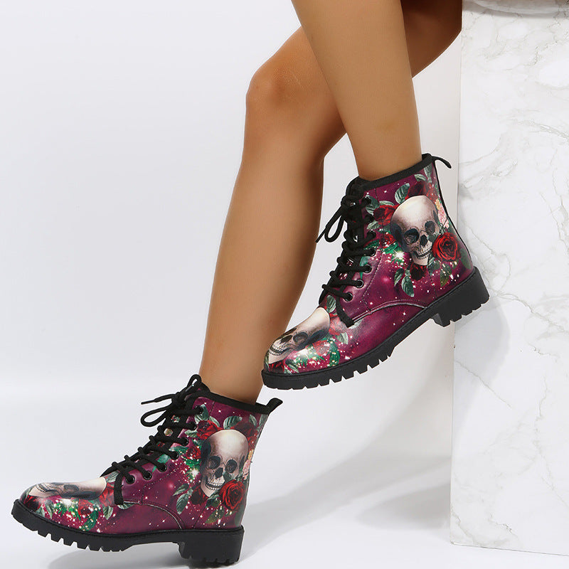 Botines de Halloween con estampado de rosas y cordones: elegantes y cómodos para mujer