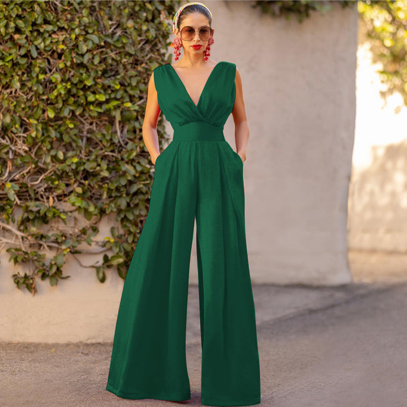 Solid Color V-Ausschnitt High-Waist Jumpsuit mit weiten Hosenbeinen