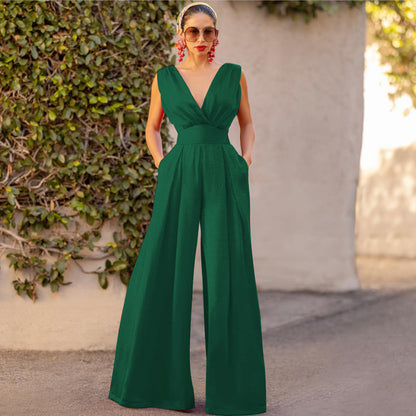 Solid Color V-Ausschnitt High-Waist Jumpsuit mit weiten Hosenbeinen