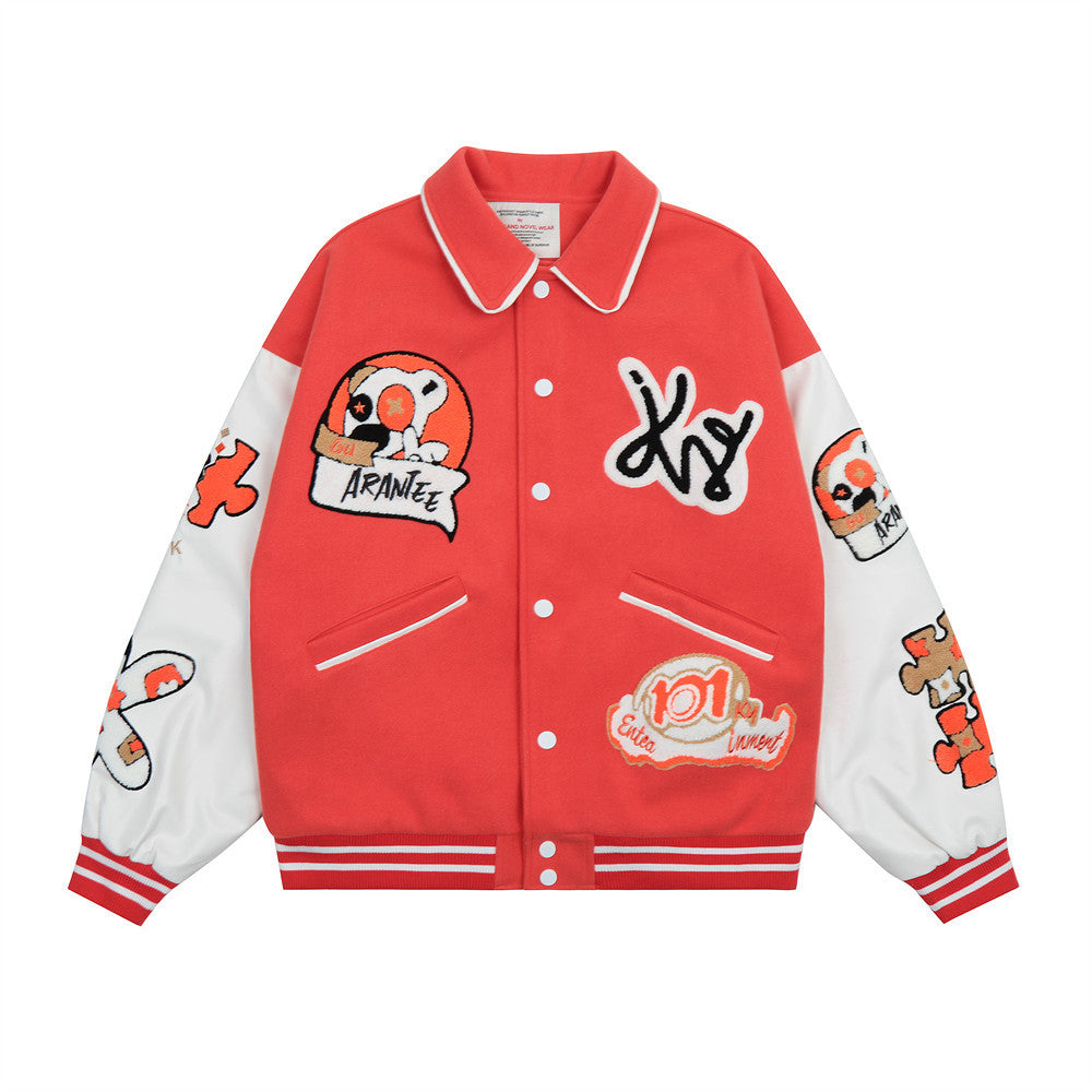 Baseballjacke für Herren mit Cartoon-Stickerei, Kontrastfarben und dicker Steppung