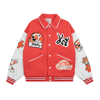 Baseballjacke für Herren mit Cartoon-Stickerei, Kontrastfarben und dicker Steppung