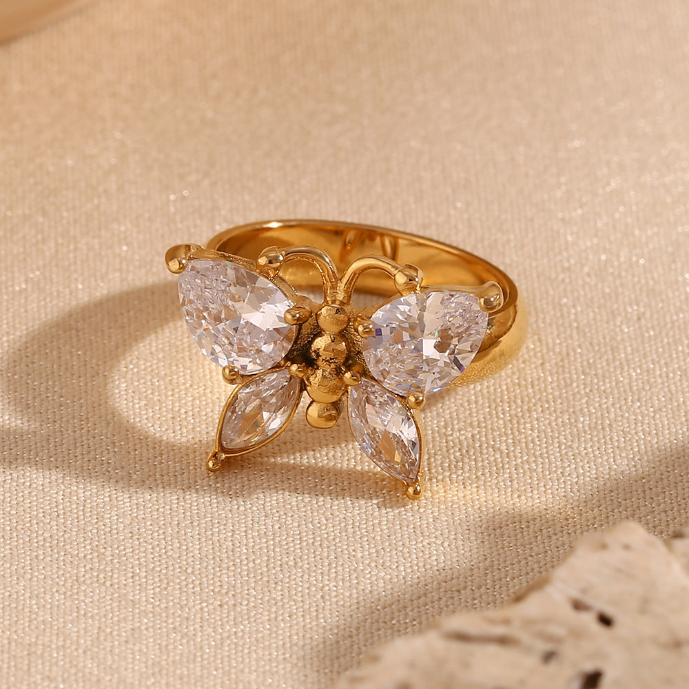 Modischer Zirkonia-Schmetterlingsring – 18K Vergoldeter Edelstahl