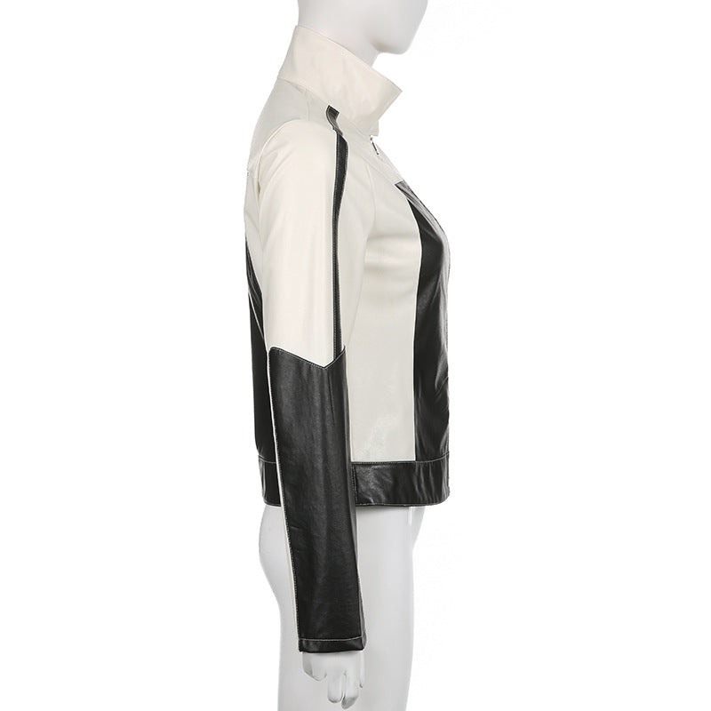 Patchwork-Lederjacke, schlank geschnitten, mit Kragen, lässig