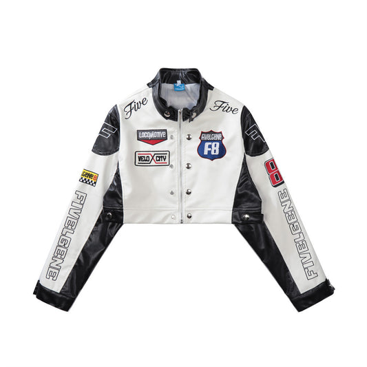 Women's Color Matching PU Leather Jacket with Letter Embroidery Short Coat