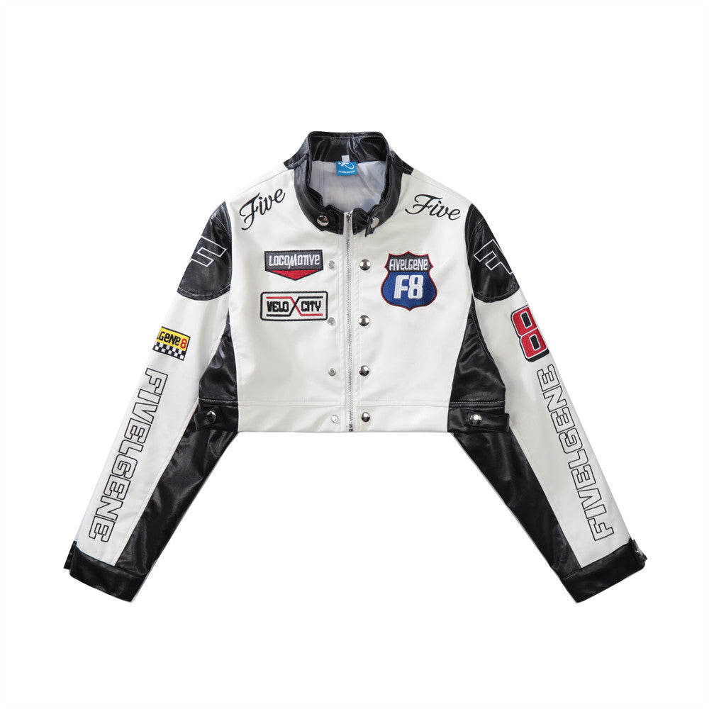 Farblich abgestimmte PU-Lederjacke für Damen mit Buchstabenstickerei, kurzer Mantel