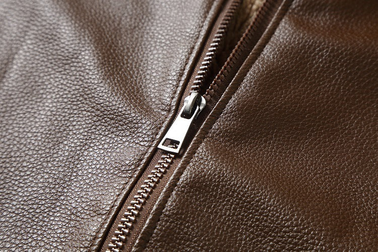 Men's leather jacket with lapels and fleece lining