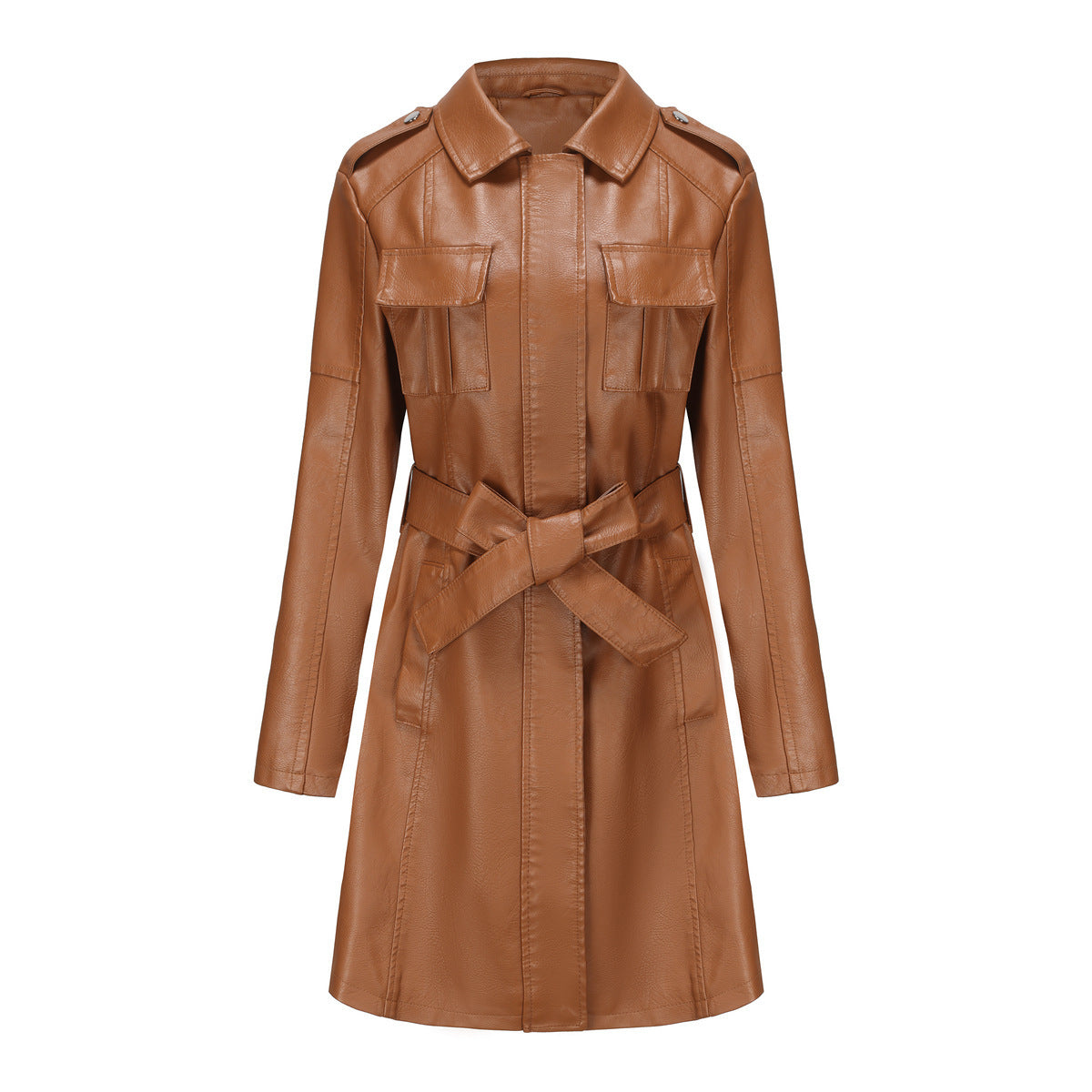New European and American mid-length leather coat with belt in British style for women