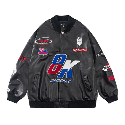 Fashionable personality embroidered PU leather jacket for men