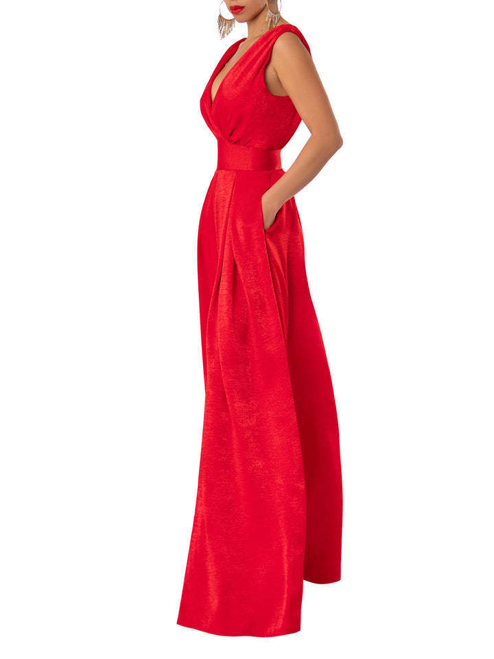 Solid Color V-Ausschnitt High-Waist Jumpsuit mit weiten Hosenbeinen