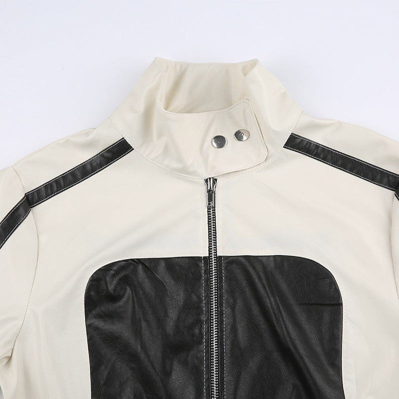Patchwork-Lederjacke, schlank geschnitten, mit Kragen, lässig