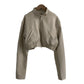 French retro design biker leather jacket for women with zip, stand collar, elastic waist and short cut