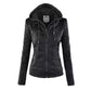 Damen-Lederjacke mit abnehmbarem Revers, langen Ärmeln und Reißverschluss