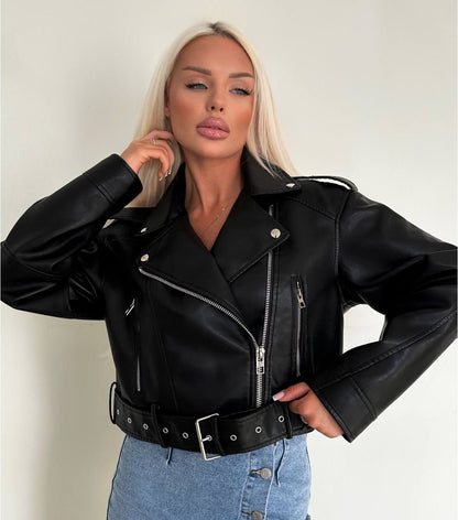 Fashionable washed faux leather motorcycle jacket with zipper