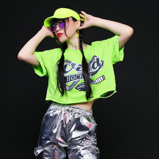 Jazz Dance Costume – Women's Blouse with Silver Pants in Hip-Hop Style