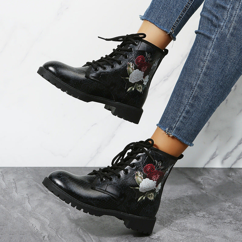 Botines de Halloween con estampado de rosas y cordones: elegantes y cómodos para mujer