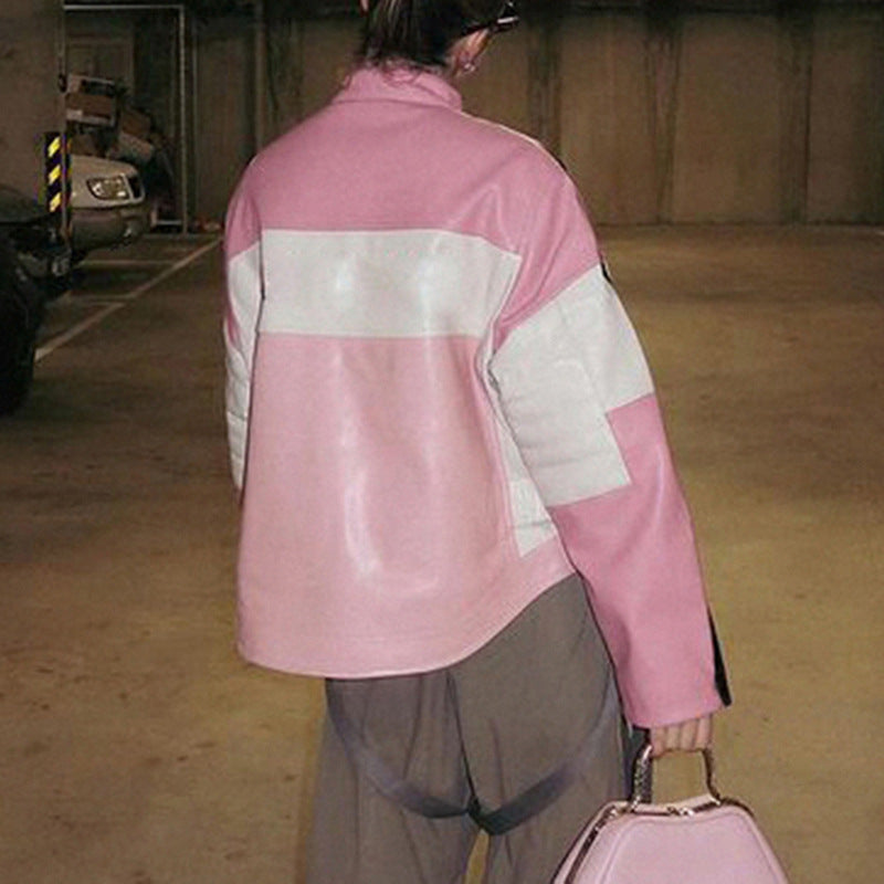 Girls' motorcycle jacket in contrasting color style