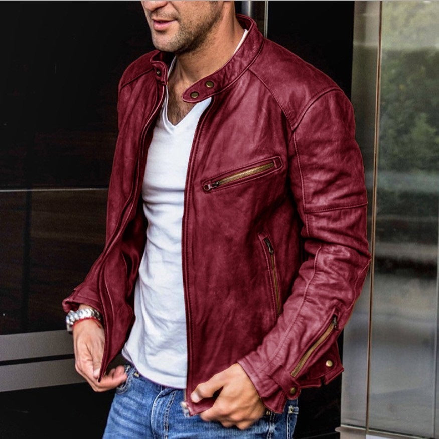 Punk-inspirierte Herren-Lederjacke mit Stehkragen – Perfekt für Herbst und Frühling