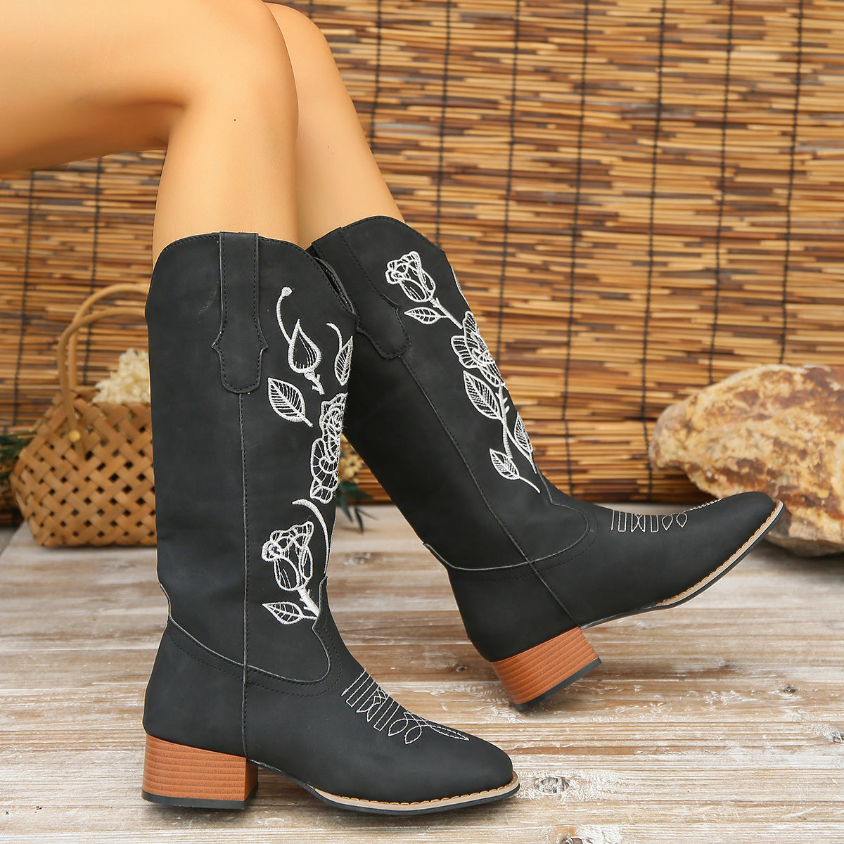 Women's Cowboy Boots - Mid-Calf Western Boots with Floral Embroidery and Block Heel