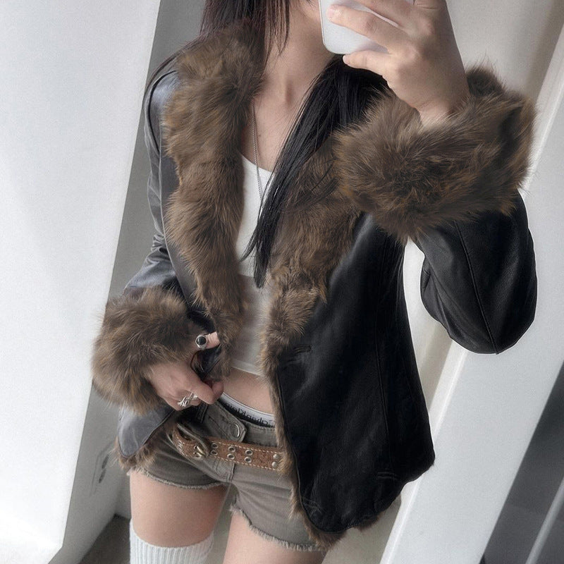 Damen-Lederjacke mit abnehmbarem Revers, langen Ärmeln und Reißverschluss