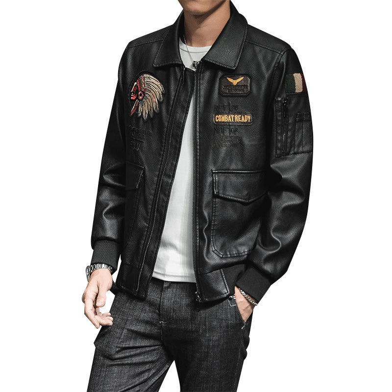 Men's PU Leather Jacket with Lapel and Embroidery in Motorcycle Style