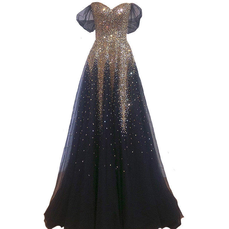 Vestido de noche tostado de novia con banquete de un solo hombro en oro negro