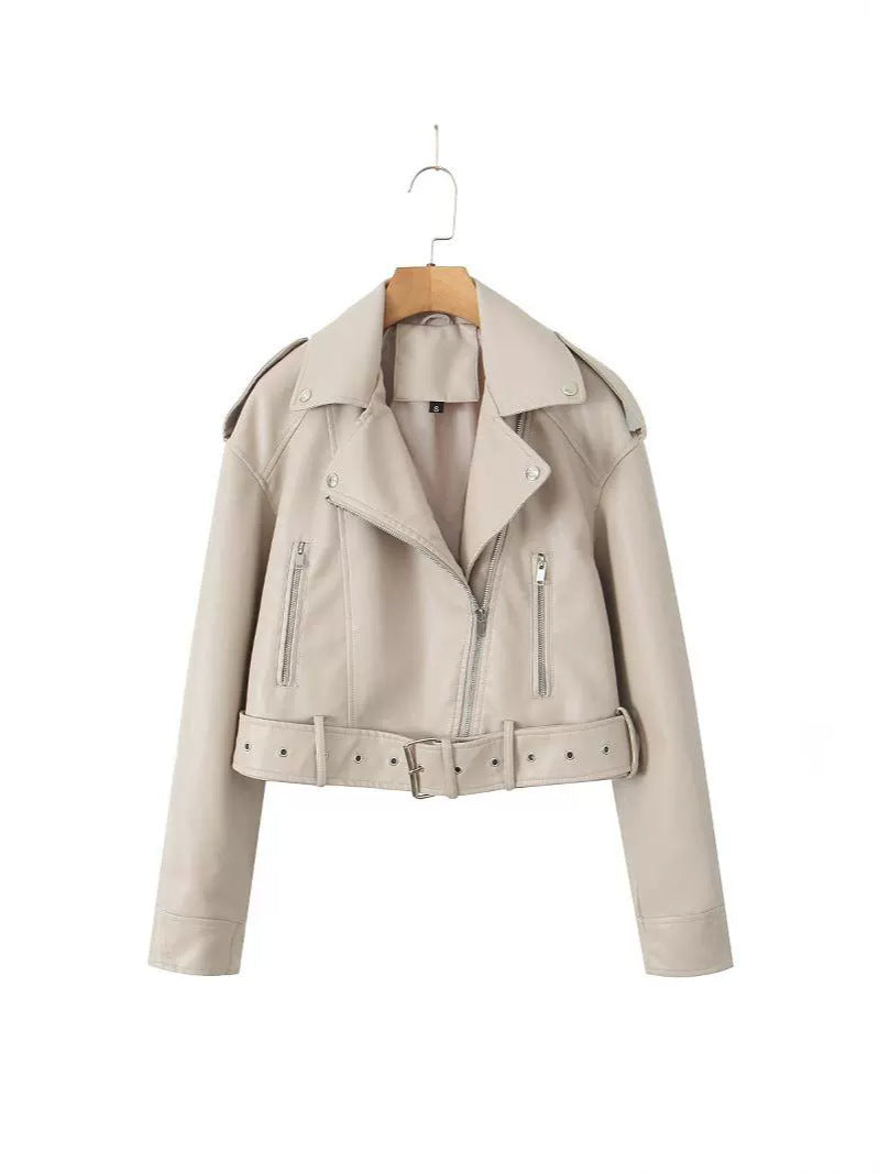 Fashionable washed faux leather motorcycle jacket with zipper