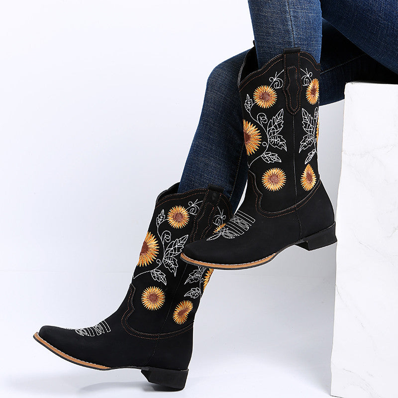 Women's Cowboy Boots - Embroidered Western Boots with Sunflower Design