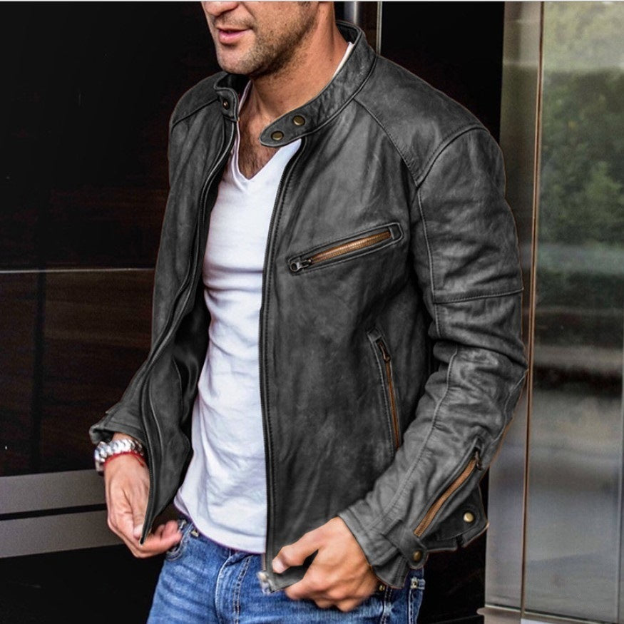 Punk-inspirierte Herren-Lederjacke mit Stehkragen – Perfekt für Herbst und Frühling