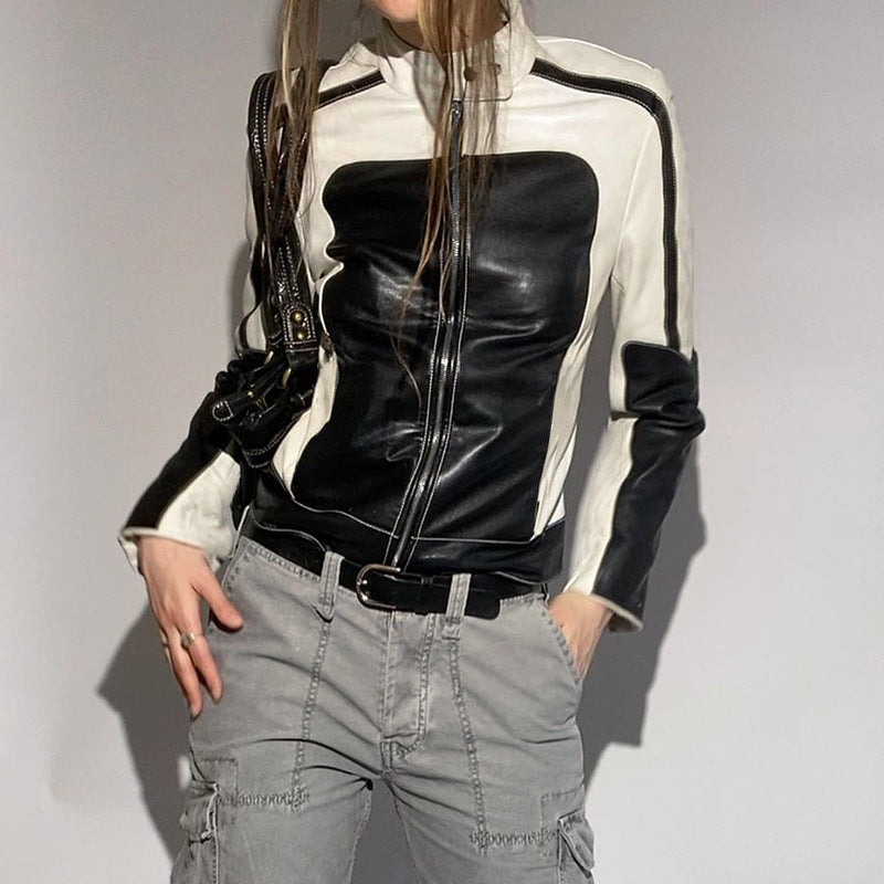 Patchwork-Lederjacke, schlank geschnitten, mit Kragen, lässig