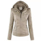 Damen-Lederjacke mit abnehmbarem Revers, langen Ärmeln und Reißverschluss