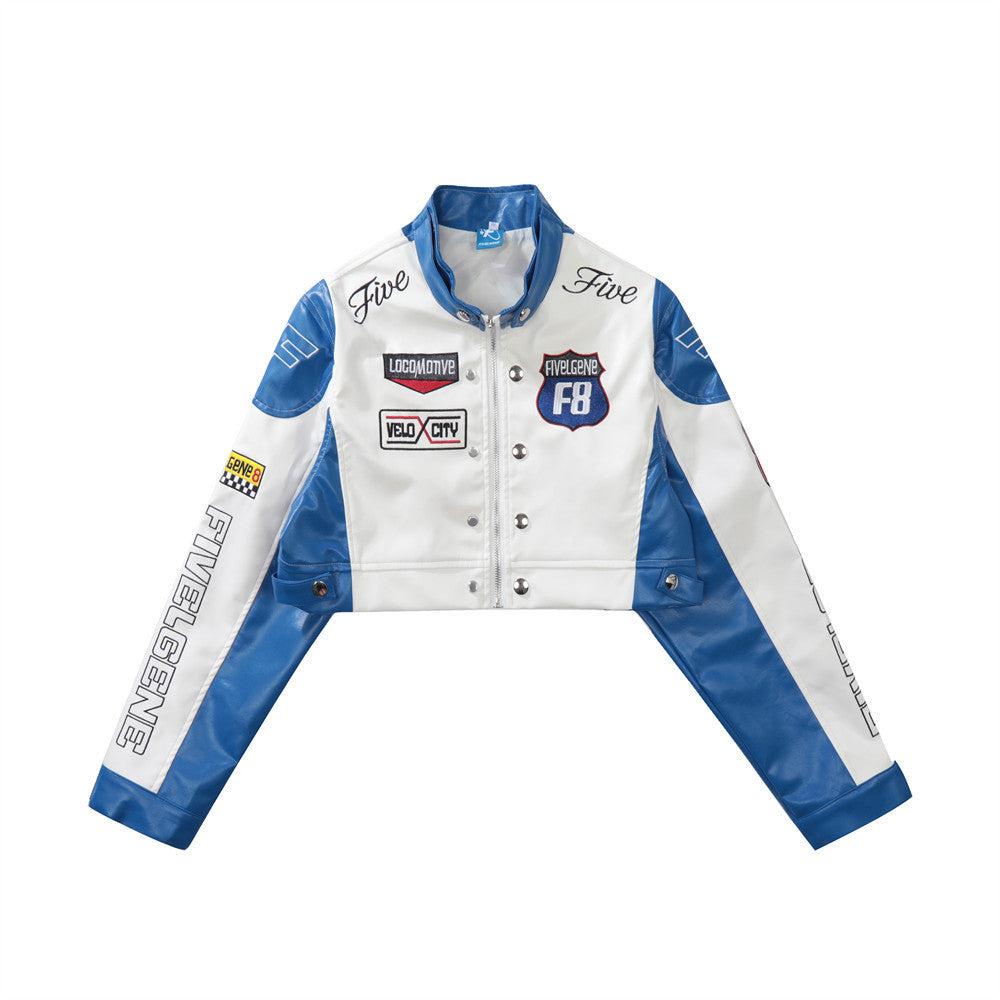 Farblich abgestimmte PU-Lederjacke für Damen mit Buchstabenstickerei, kurzer Mantel